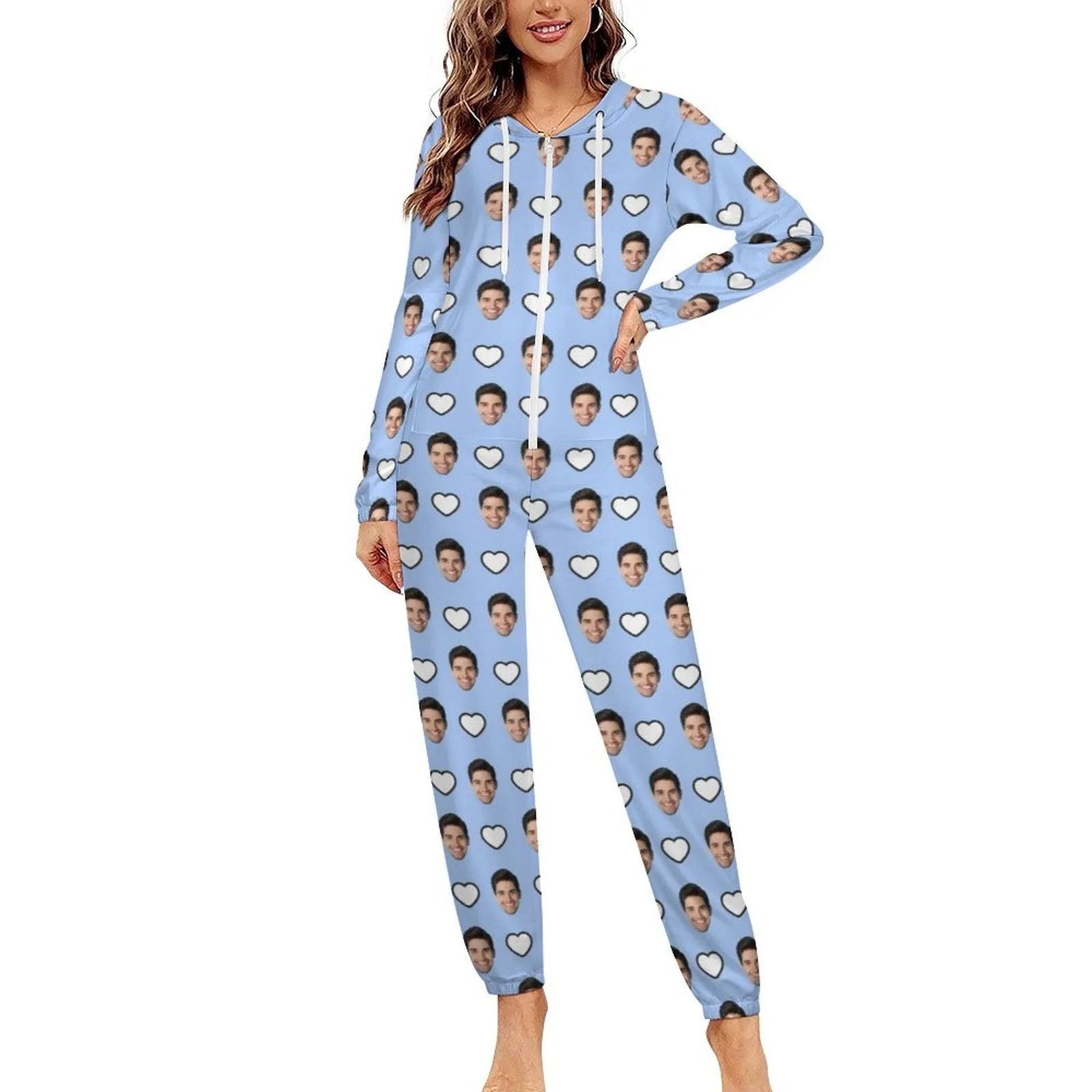 Custom Face Pink and Blue Unisex Adult Hooded Onesie Jumpsuits with Pocket Personalized Zip One-piece Pajamas for Couple Valentine's Day Gift