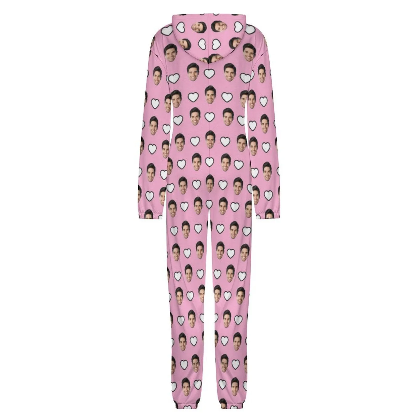 Custom Face Pink and Blue Unisex Adult Hooded Onesie Jumpsuits with Pocket Personalized Zip One-piece Pajamas for Couple Valentine's Day Gift
