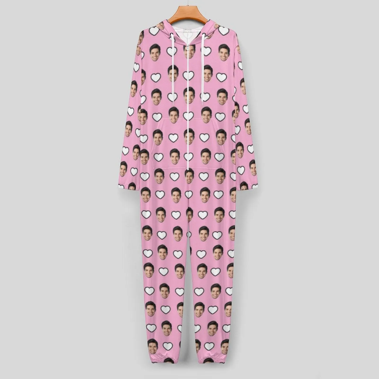 Custom Face Pink and Blue Unisex Adult Hooded Onesie Jumpsuits with Pocket Personalized Zip One-piece Pajamas for Couple Valentine's Day Gift