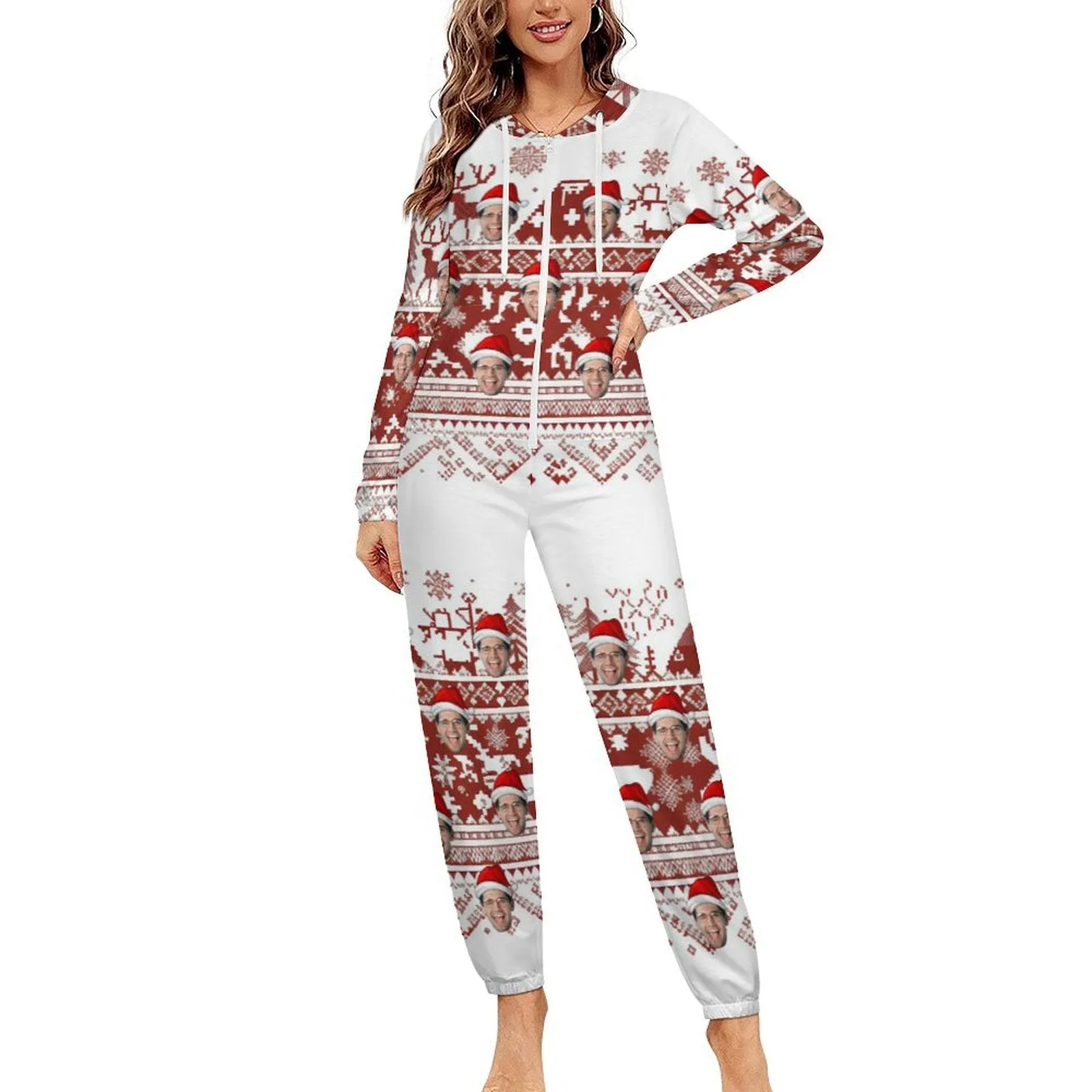 Custom Face Unisex Adult Hooded Onesie Jumpsuits with Pocket Christmas Gifts Personalized Zip One-piece Pajamas