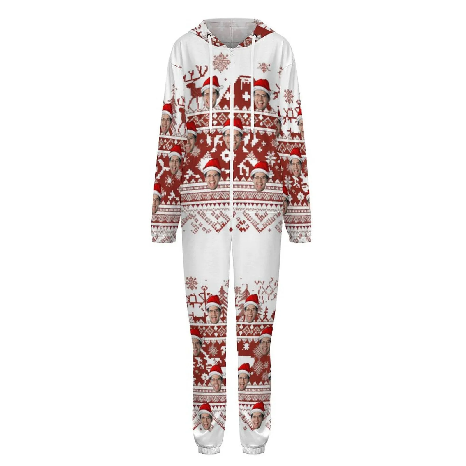 Custom Face Unisex Adult Hooded Onesie Jumpsuits with Pocket Christmas Gifts Personalized Zip One-piece Pajamas
