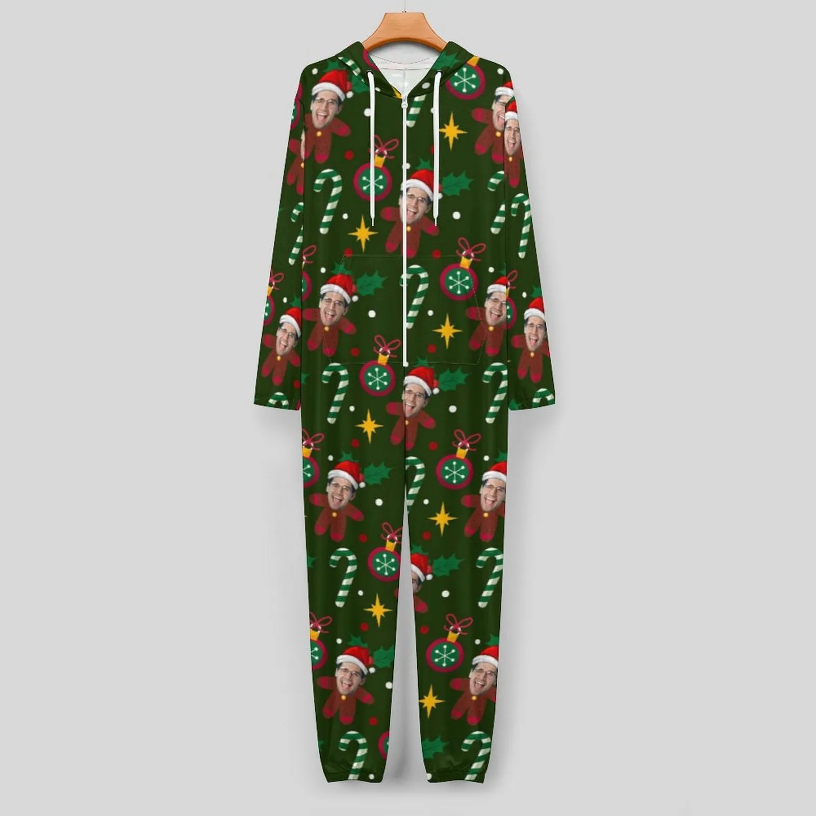 Custom Face Unisex Adult Hooded Onesie Jumpsuits with Pocket Christmas Gifts Personalized Zip One-piece Pajamas