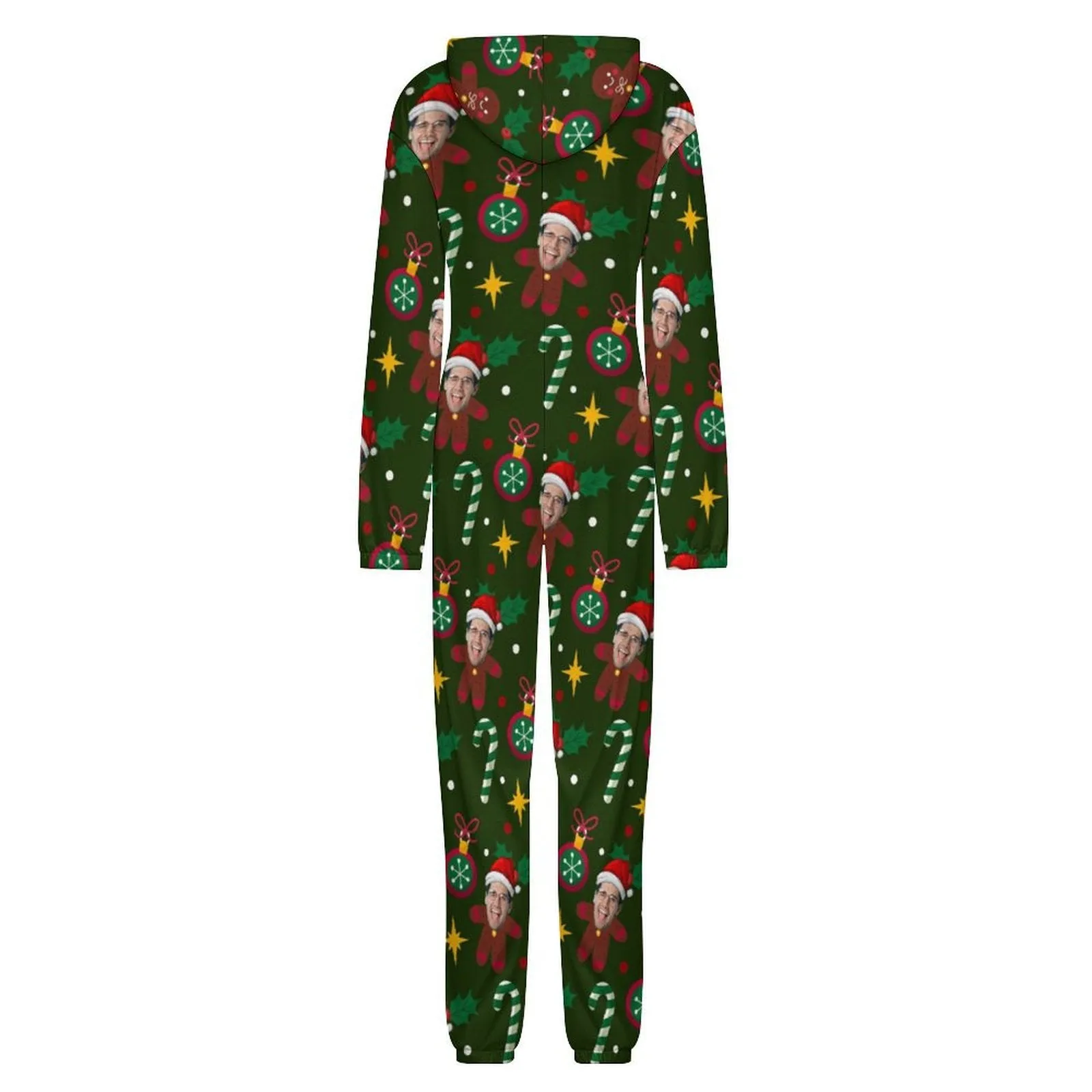 Custom Face Unisex Adult Hooded Onesie Jumpsuits with Pocket Christmas Gifts Personalized Zip One-piece Pajamas