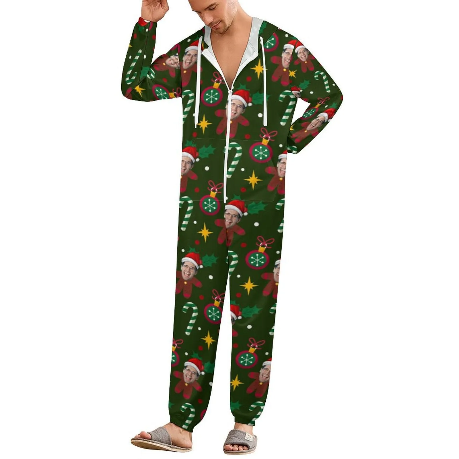 Custom Face Unisex Adult Hooded Onesie Jumpsuits with Pocket Christmas Gifts Personalized Zip One-piece Pajamas