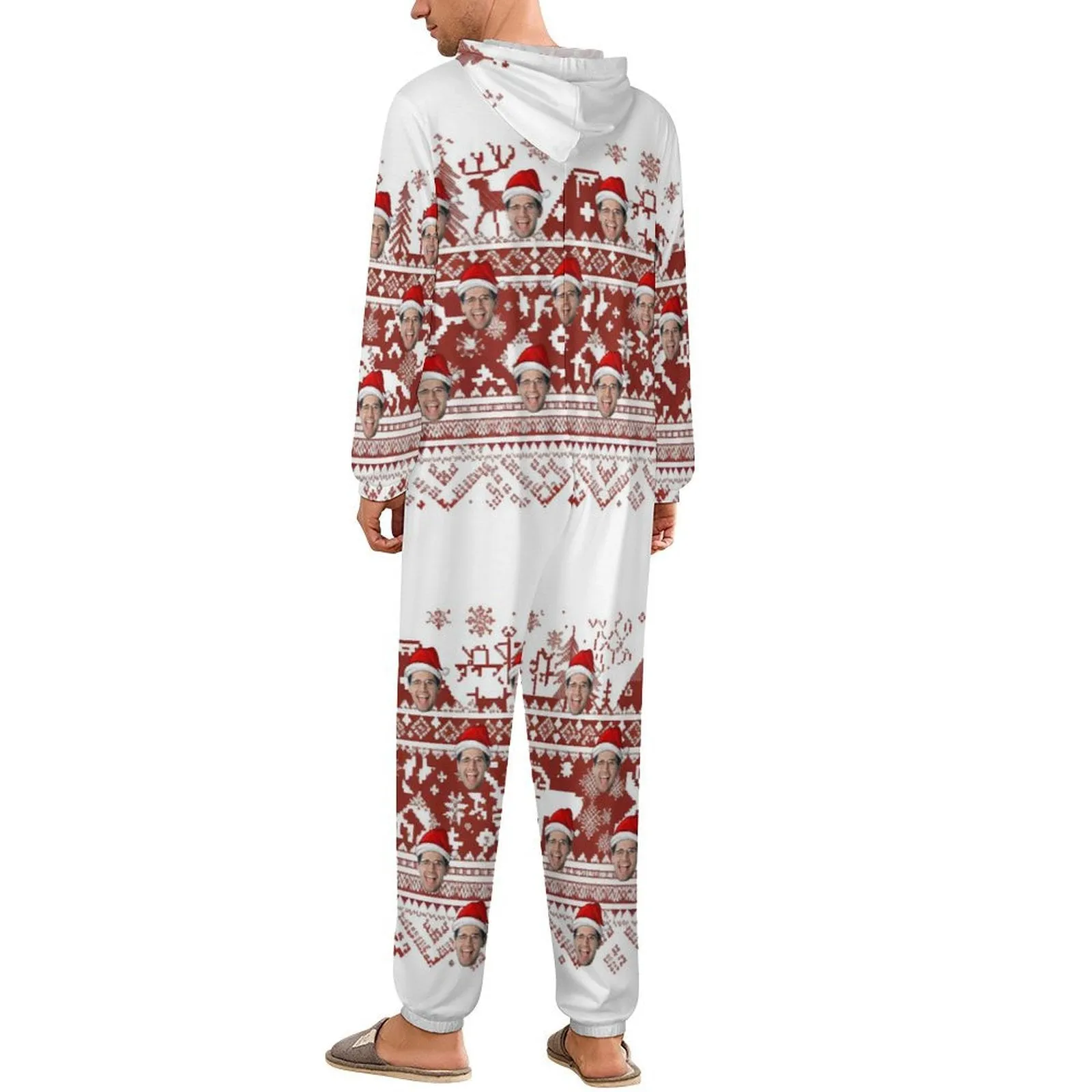 Custom Face Unisex Adult Hooded Onesie Jumpsuits with Pocket Christmas Gifts Personalized Zip One-piece Pajamas
