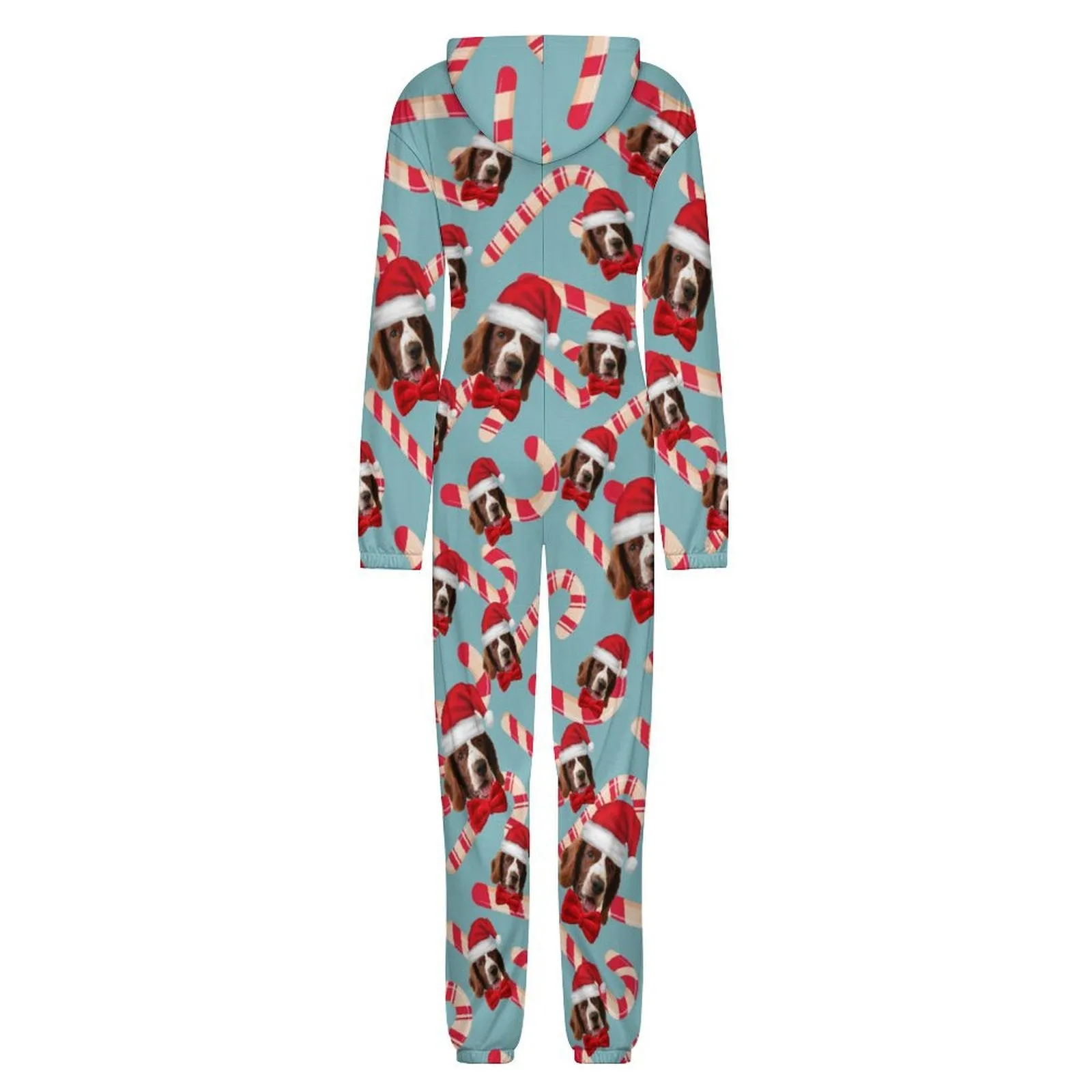 Custom Face Unisex Adult Hooded Onesie Jumpsuits with Pocket Christmas Hat Personalized Zip One-piece Pajamas
