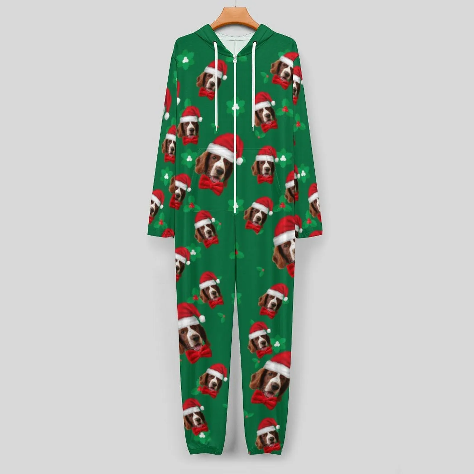 Custom Face Unisex Adult Hooded Onesie Jumpsuits with Pocket Christmas Hat Personalized Zip One-piece Pajamas