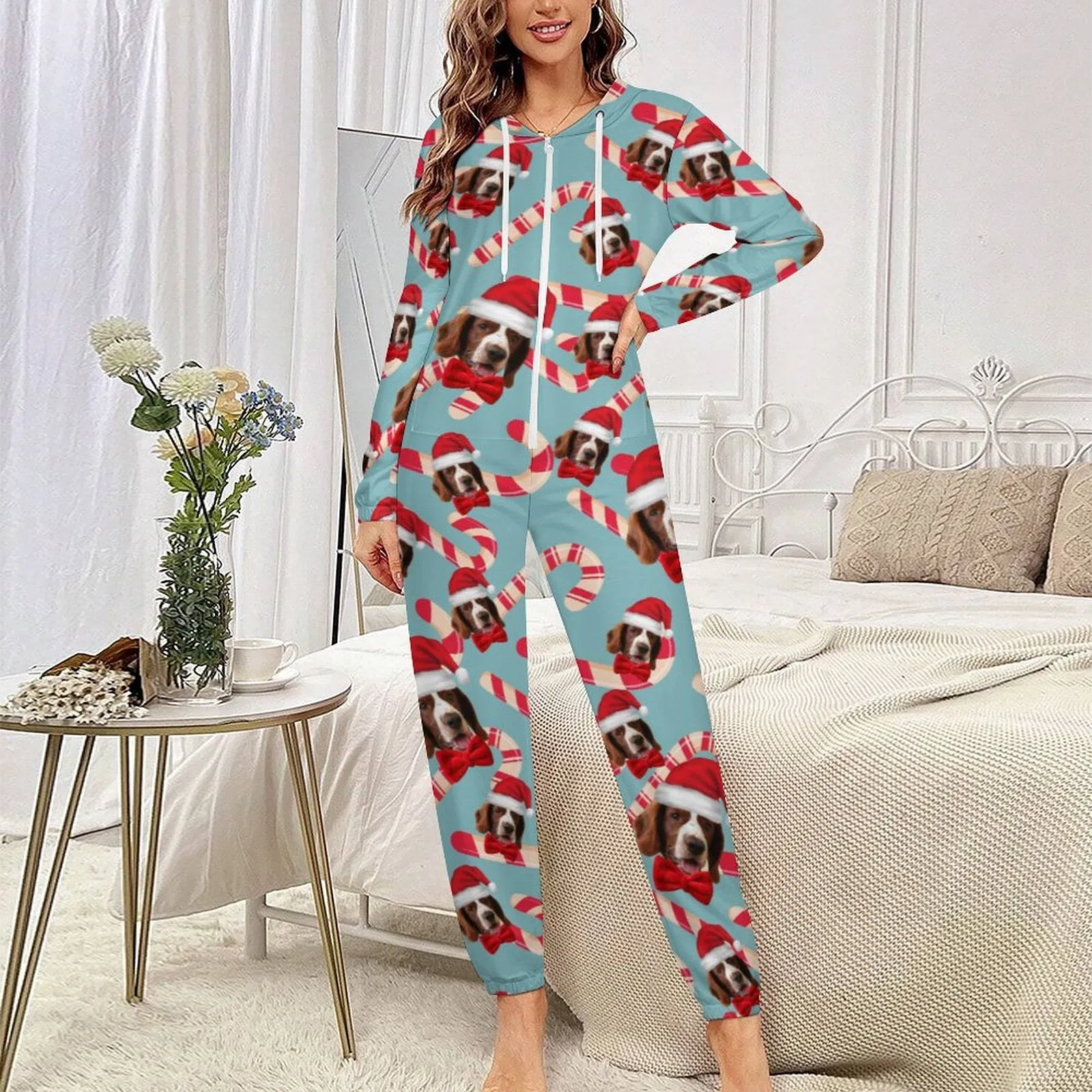 Custom Face Unisex Adult Hooded Onesie Jumpsuits with Pocket Christmas Hat Personalized Zip One-piece Pajamas