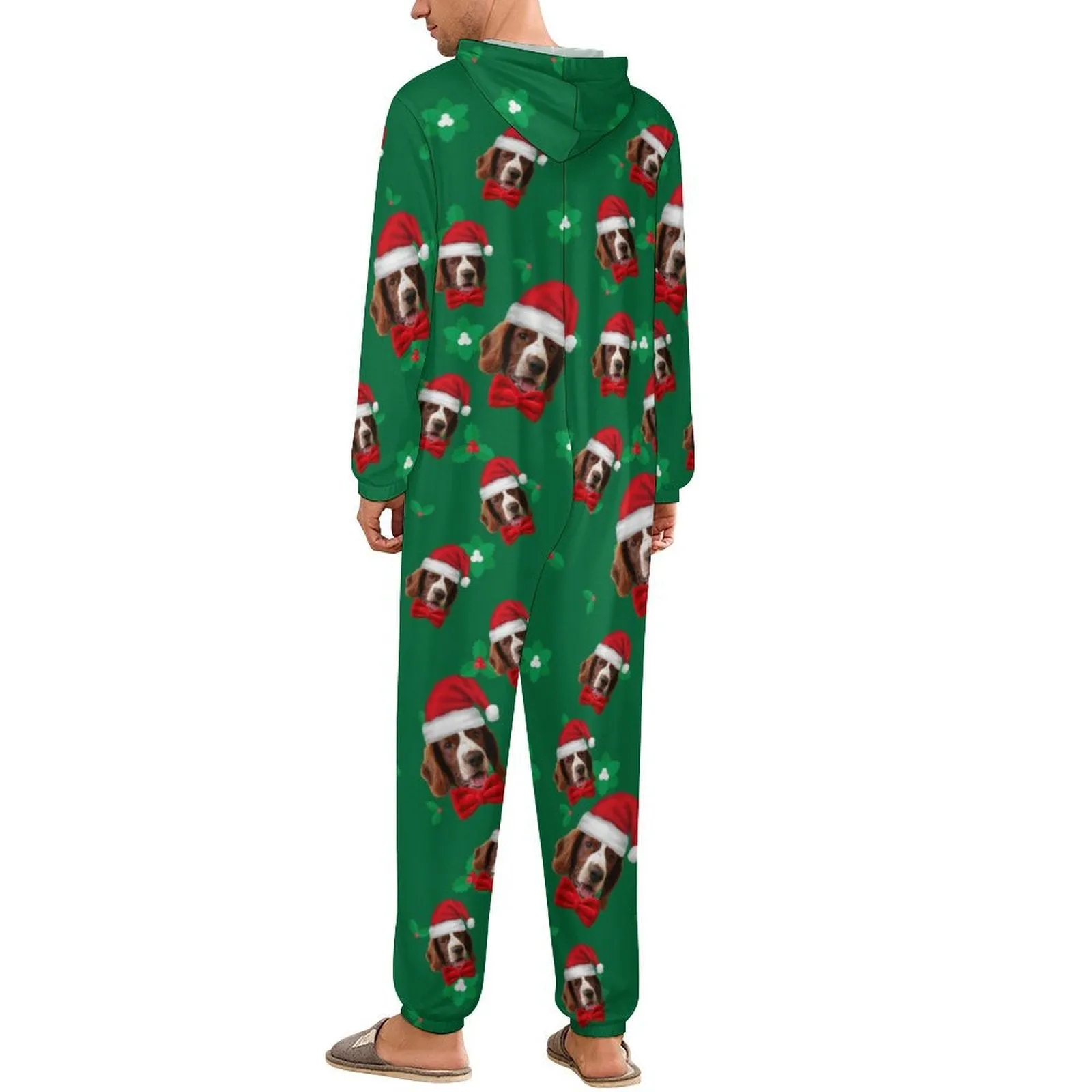 Custom Face Unisex Adult Hooded Onesie Jumpsuits with Pocket Christmas Hat Personalized Zip One-piece Pajamas