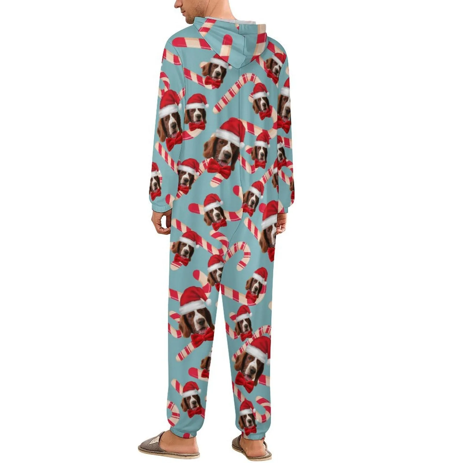 Custom Face Unisex Adult Hooded Onesie Jumpsuits with Pocket Christmas Hat Personalized Zip One-piece Pajamas