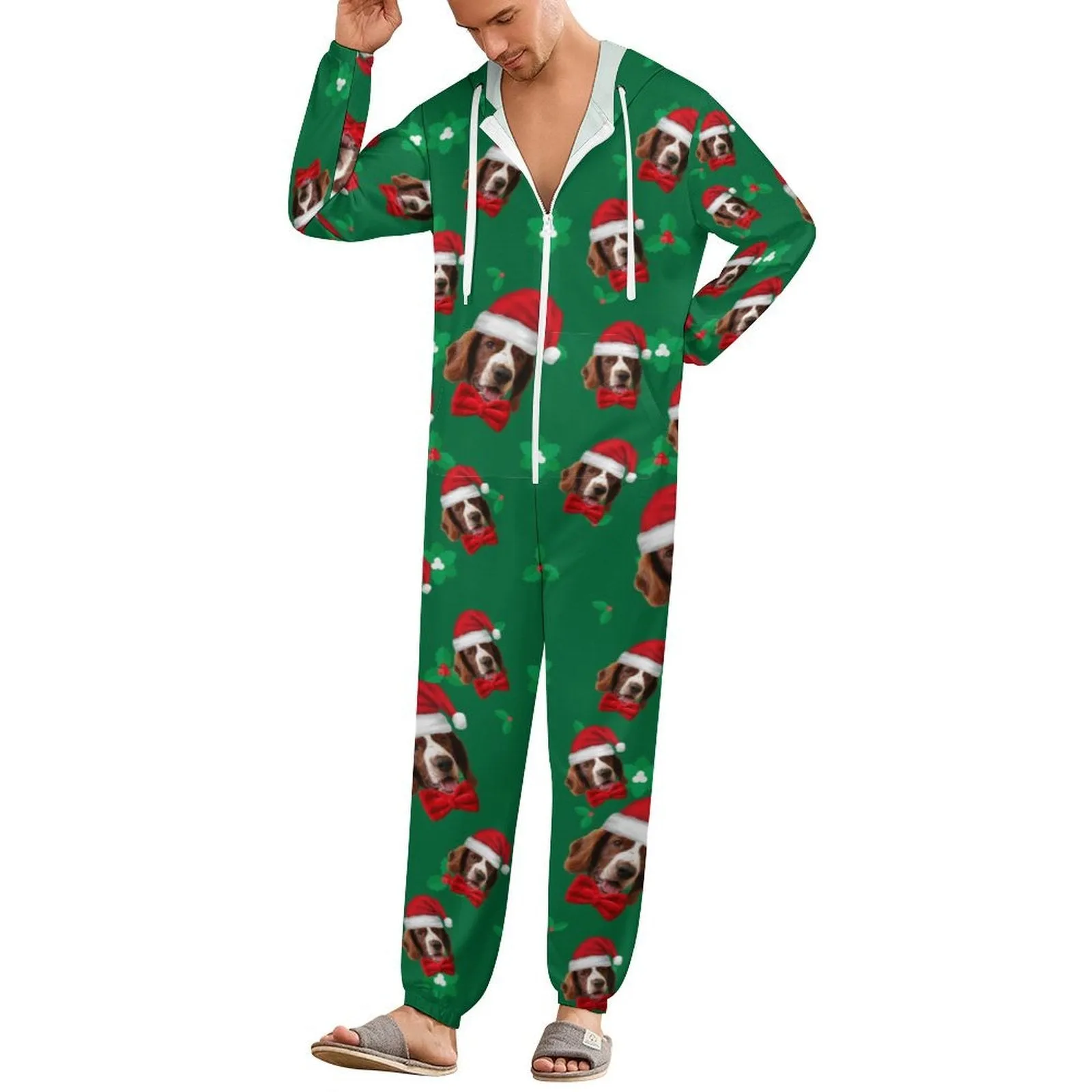 Custom Face Unisex Adult Hooded Onesie Jumpsuits with Pocket Christmas Hat Personalized Zip One-piece Pajamas