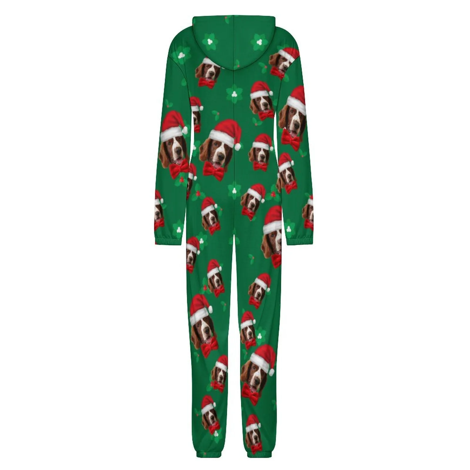 Custom Face Unisex Adult Hooded Onesie Jumpsuits with Pocket Christmas Hat Personalized Zip One-piece Pajamas