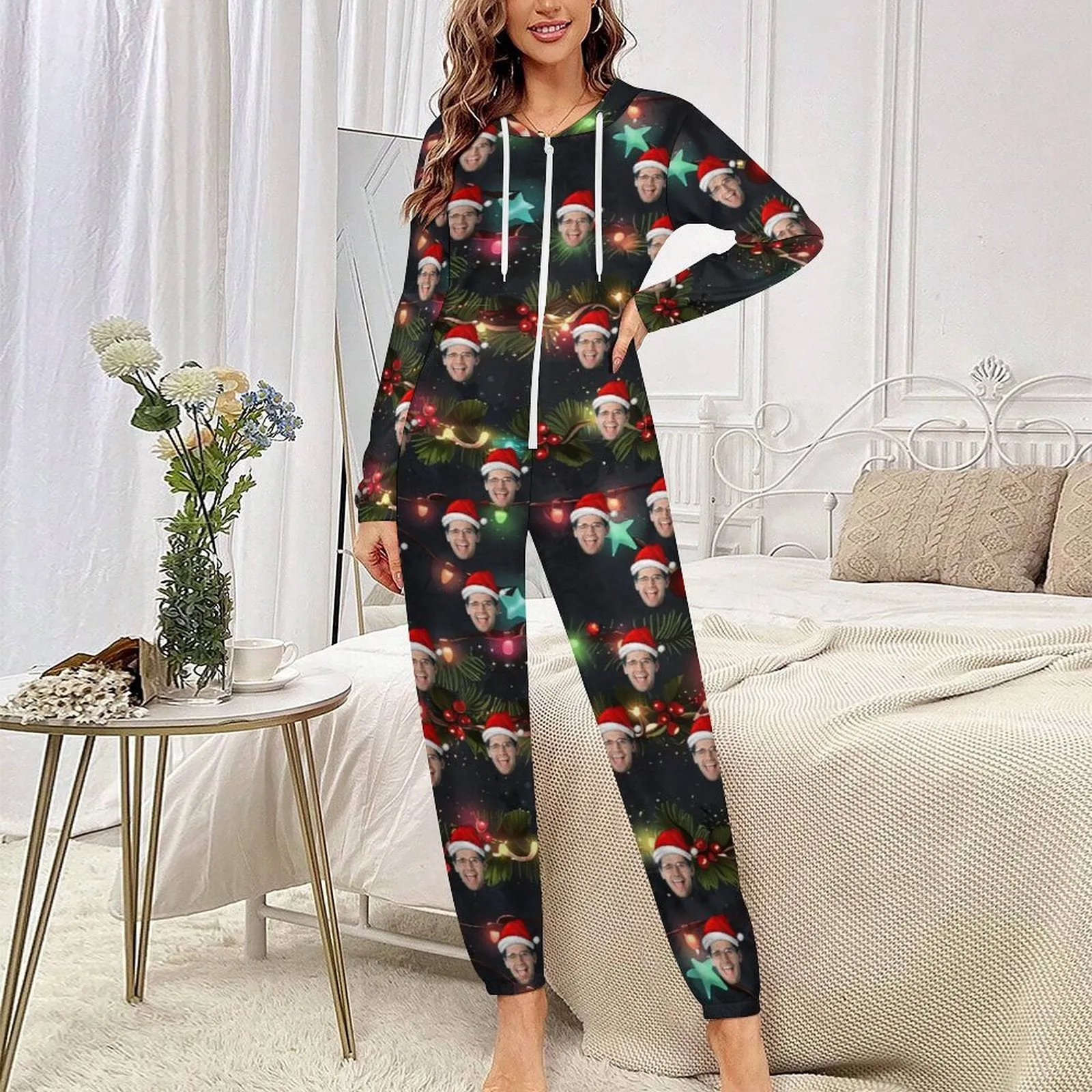 Custom Face Unisex Adult Hooded Onesie Jumpsuits with Pocket Christmas Lights Personalized Zip One-piece Pajamas