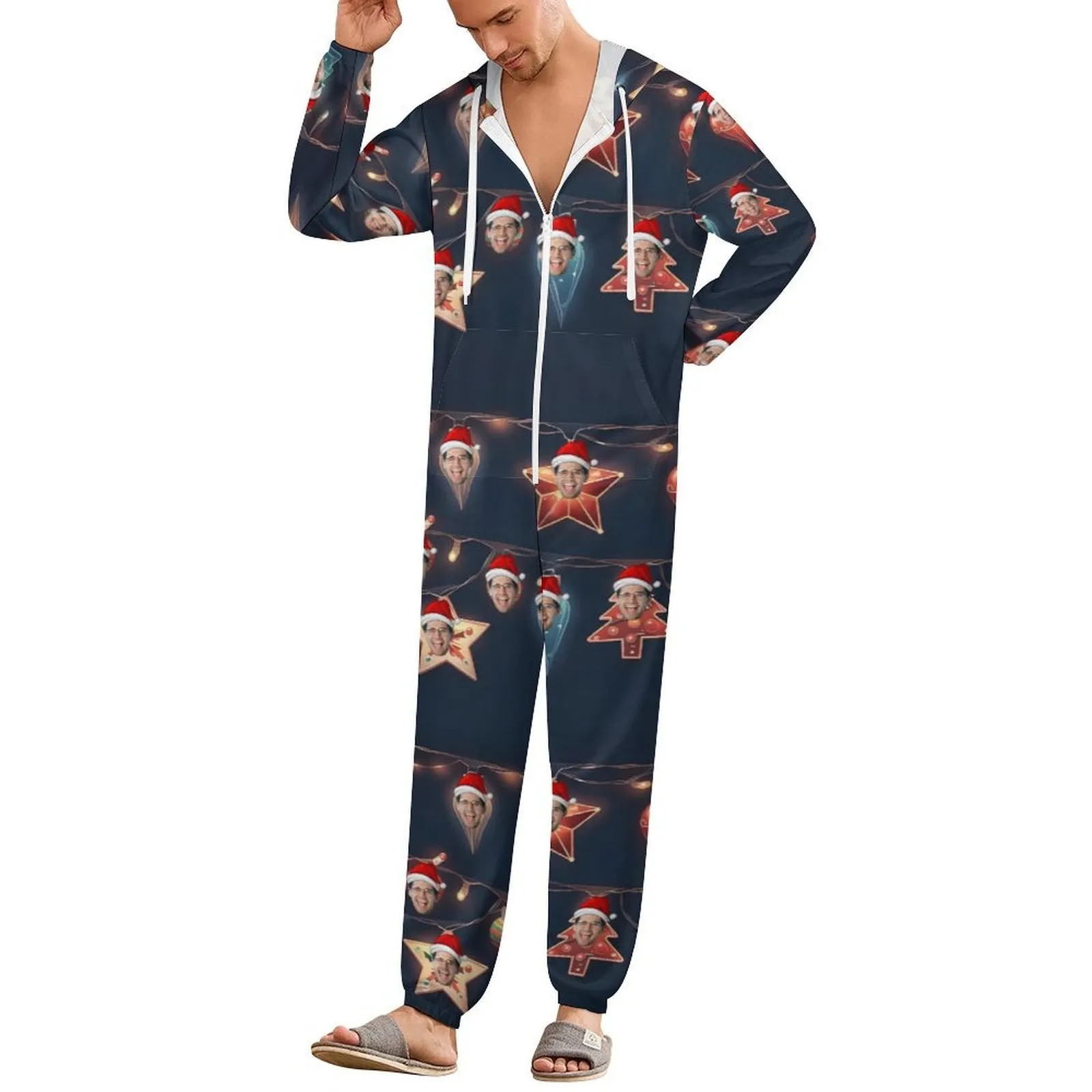 Custom Face Unisex Adult Hooded Onesie Jumpsuits with Pocket Christmas Lights Personalized Zip One-piece Pajamas
