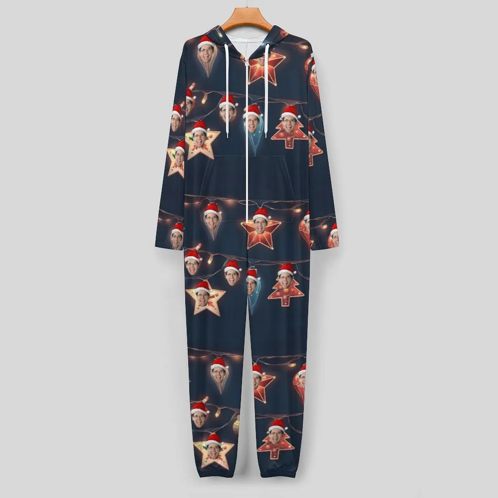 Custom Face Unisex Adult Hooded Onesie Jumpsuits with Pocket Christmas Lights Personalized Zip One-piece Pajamas