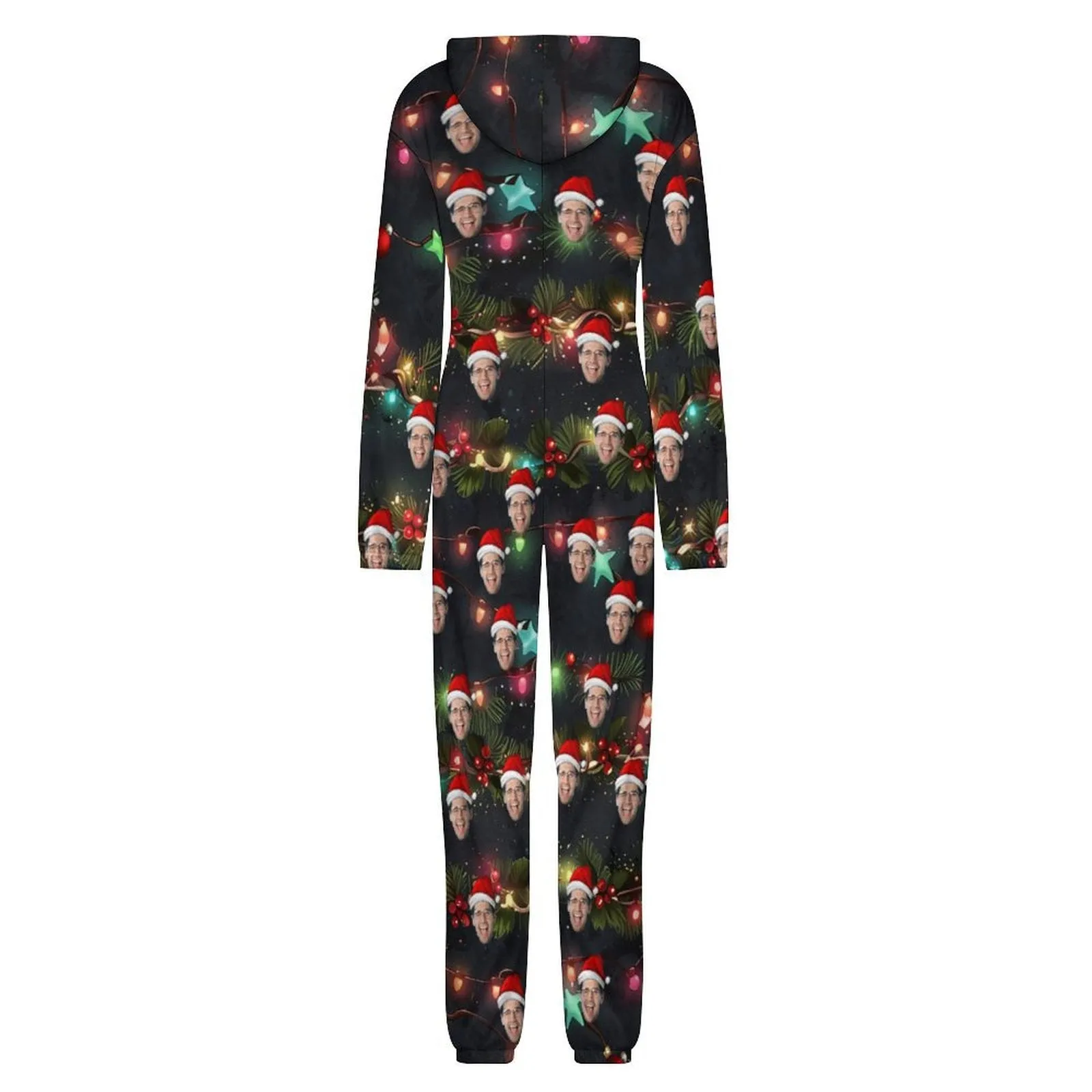 Custom Face Unisex Adult Hooded Onesie Jumpsuits with Pocket Christmas Lights Personalized Zip One-piece Pajamas