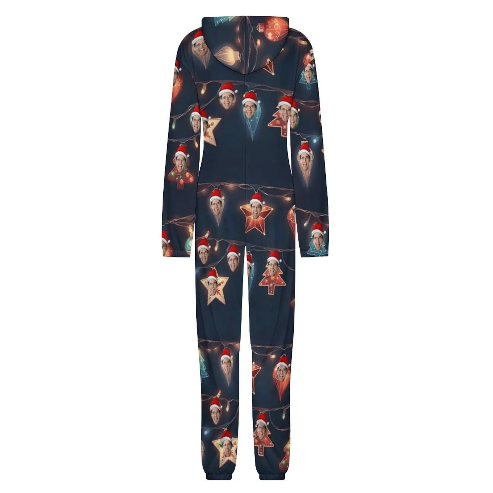 Custom Face Unisex Adult Hooded Onesie Jumpsuits with Pocket Christmas Lights Personalized Zip One-piece Pajamas
