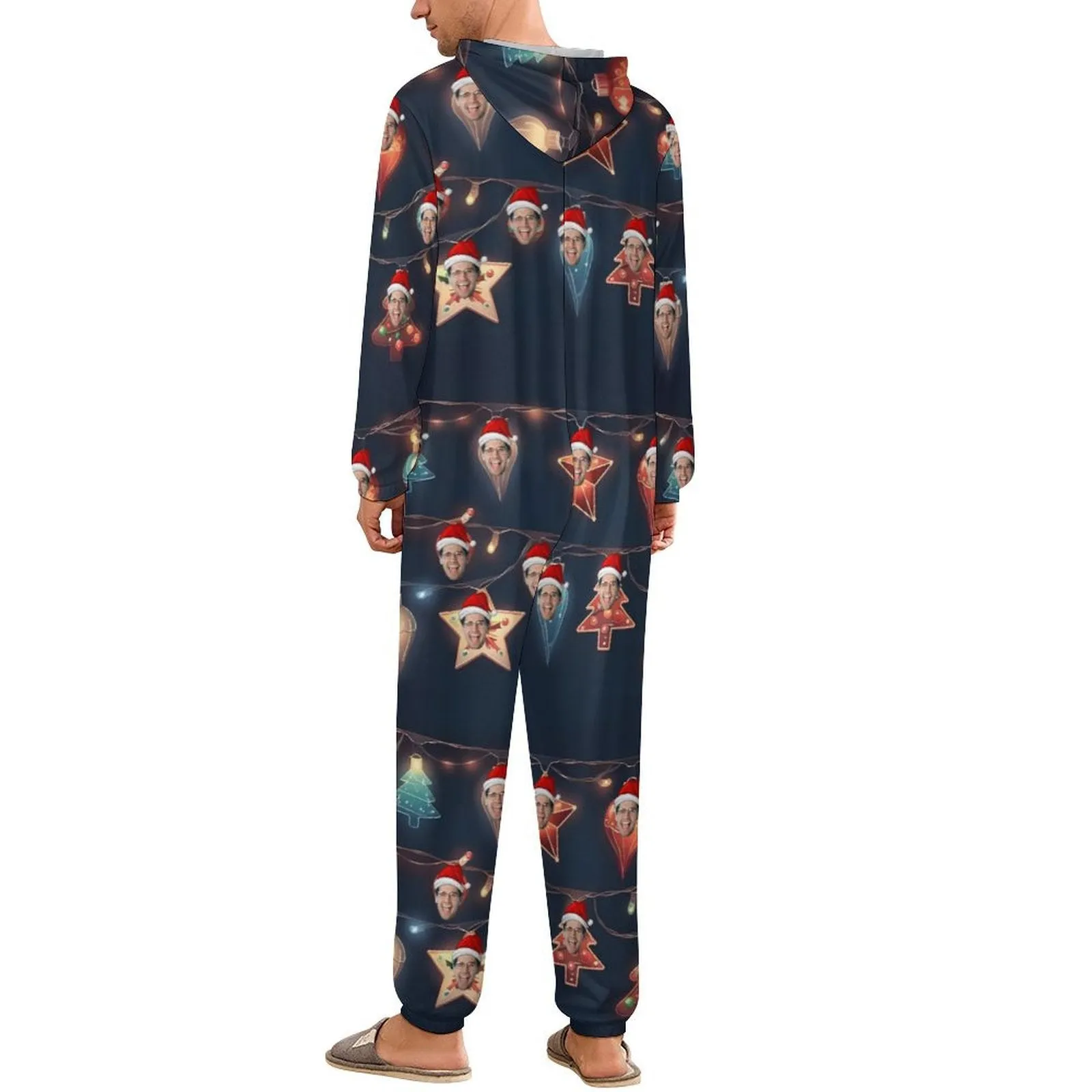 Custom Face Unisex Adult Hooded Onesie Jumpsuits with Pocket Christmas Lights Personalized Zip One-piece Pajamas