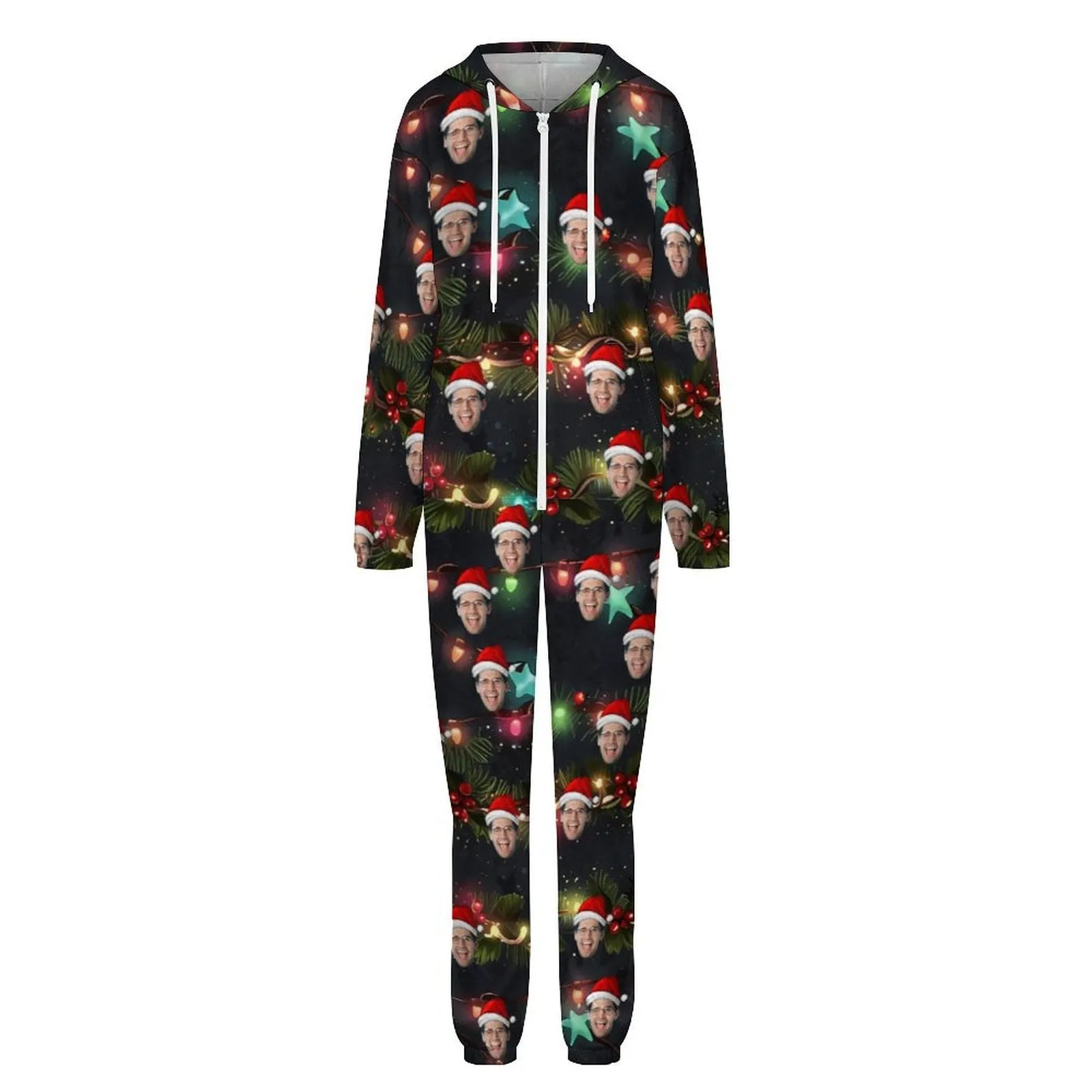 Custom Face Unisex Adult Hooded Onesie Jumpsuits with Pocket Christmas Lights Personalized Zip One-piece Pajamas