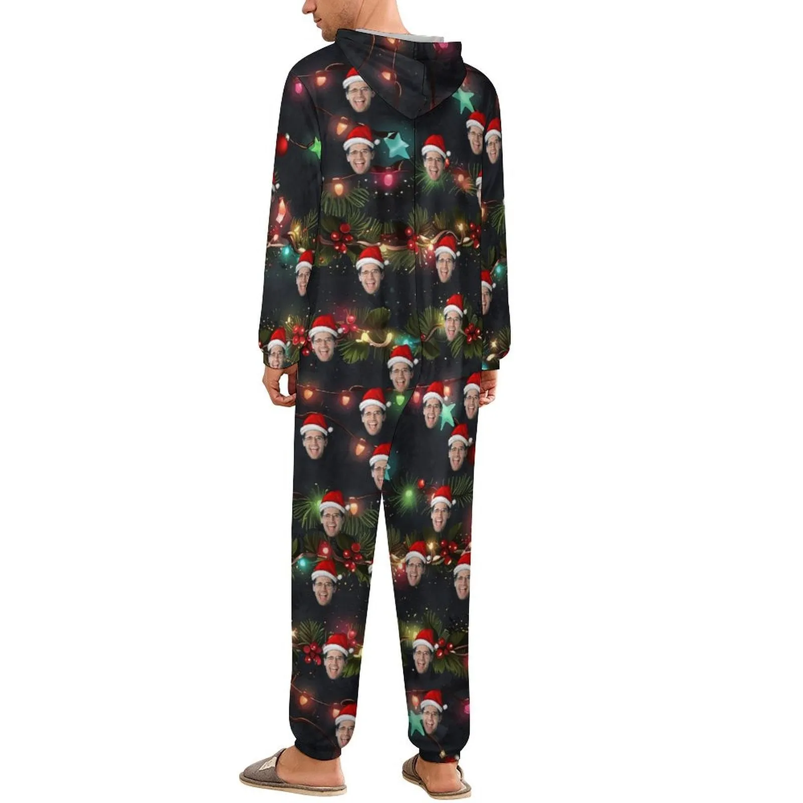 Custom Face Unisex Adult Hooded Onesie Jumpsuits with Pocket Christmas Lights Personalized Zip One-piece Pajamas