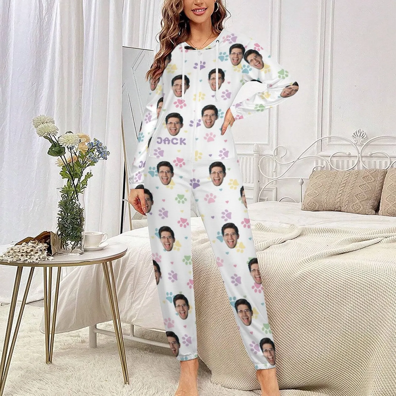 Custom Face&Name Family Hooded Onesie Jumpsuits with Pocket Personalized Zip One-piece Pajamas for Adult kids