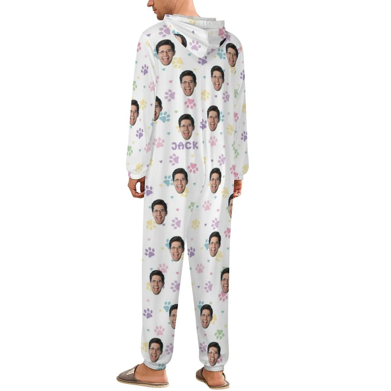 Custom Face&Name Family Hooded Onesie Jumpsuits with Pocket Personalized Zip One-piece Pajamas for Adult kids