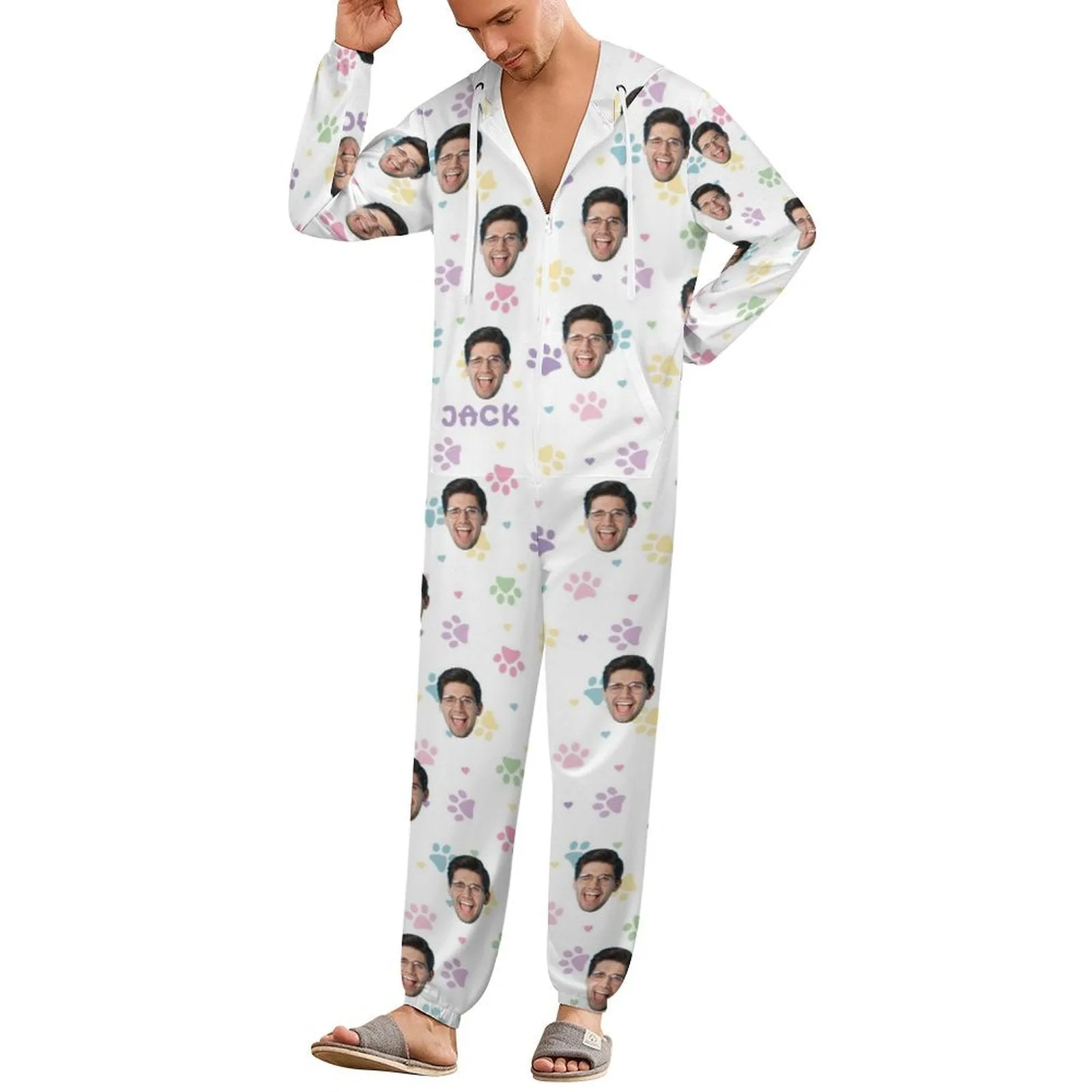 Custom Face&Name Family Hooded Onesie Jumpsuits with Pocket Personalized Zip One-piece Pajamas for Adult kids