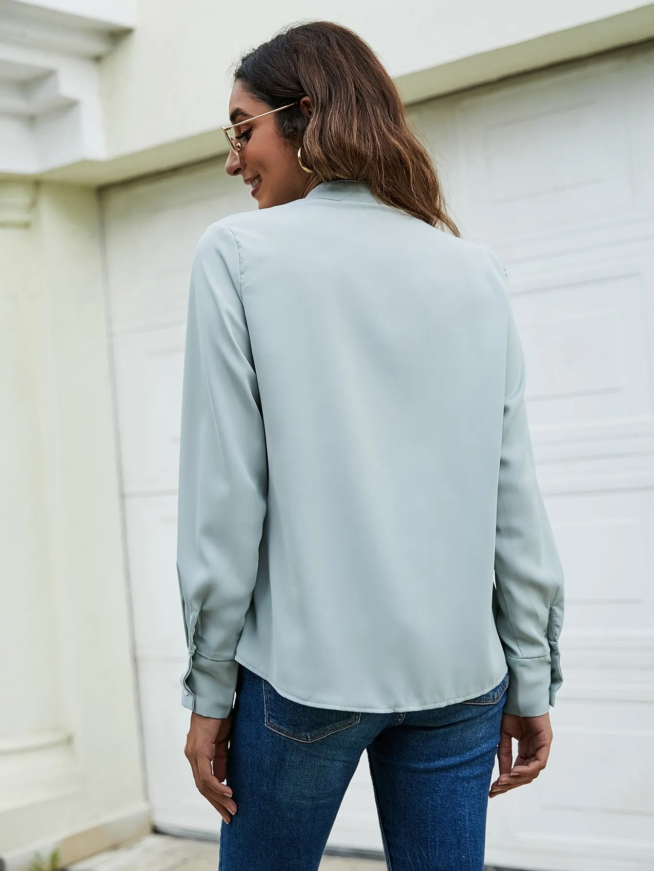 Cute Plain Button Front Long Sleeve Stand Collar Regular Blouse