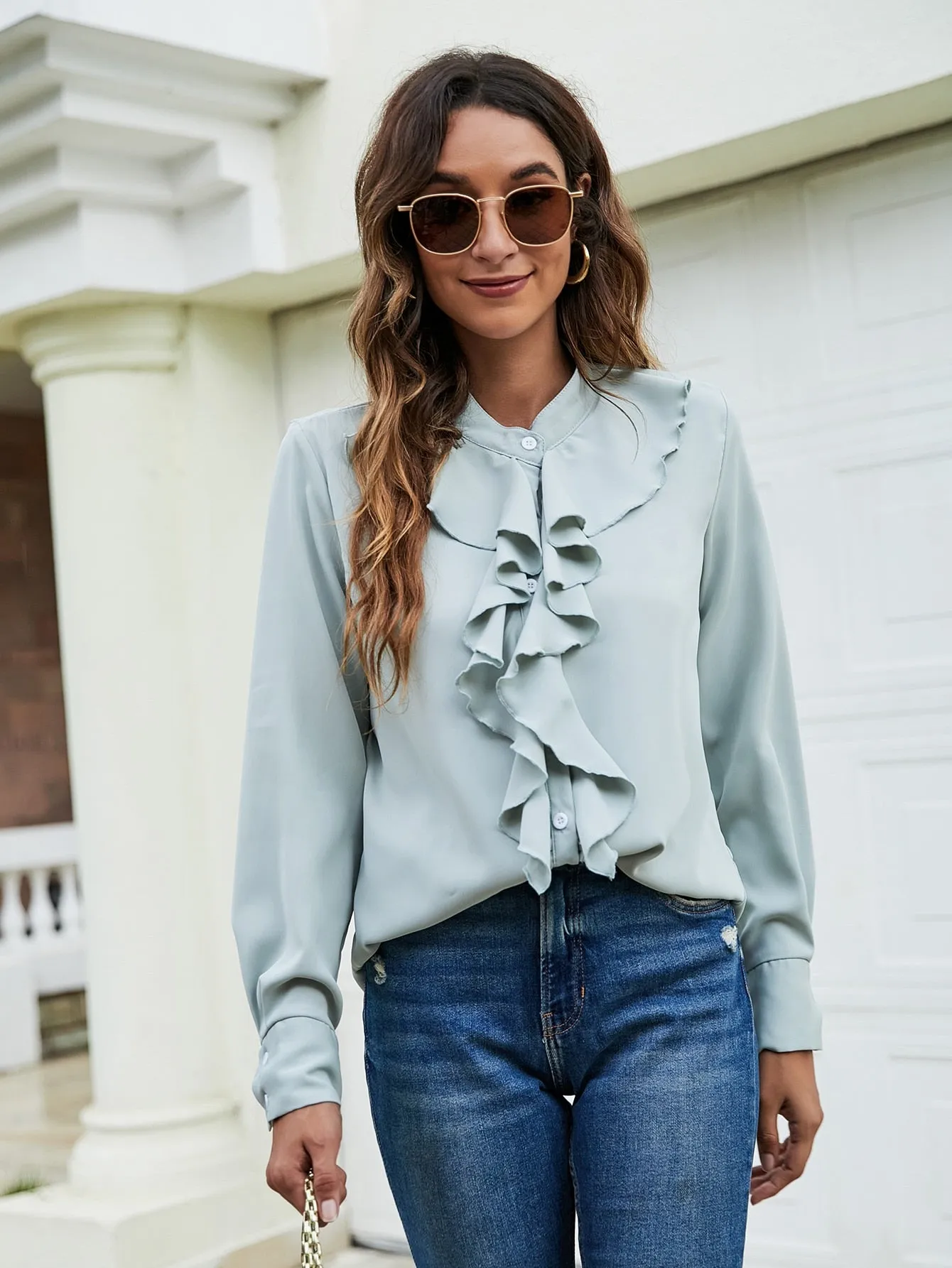Cute Plain Button Front Long Sleeve Stand Collar Regular Blouse