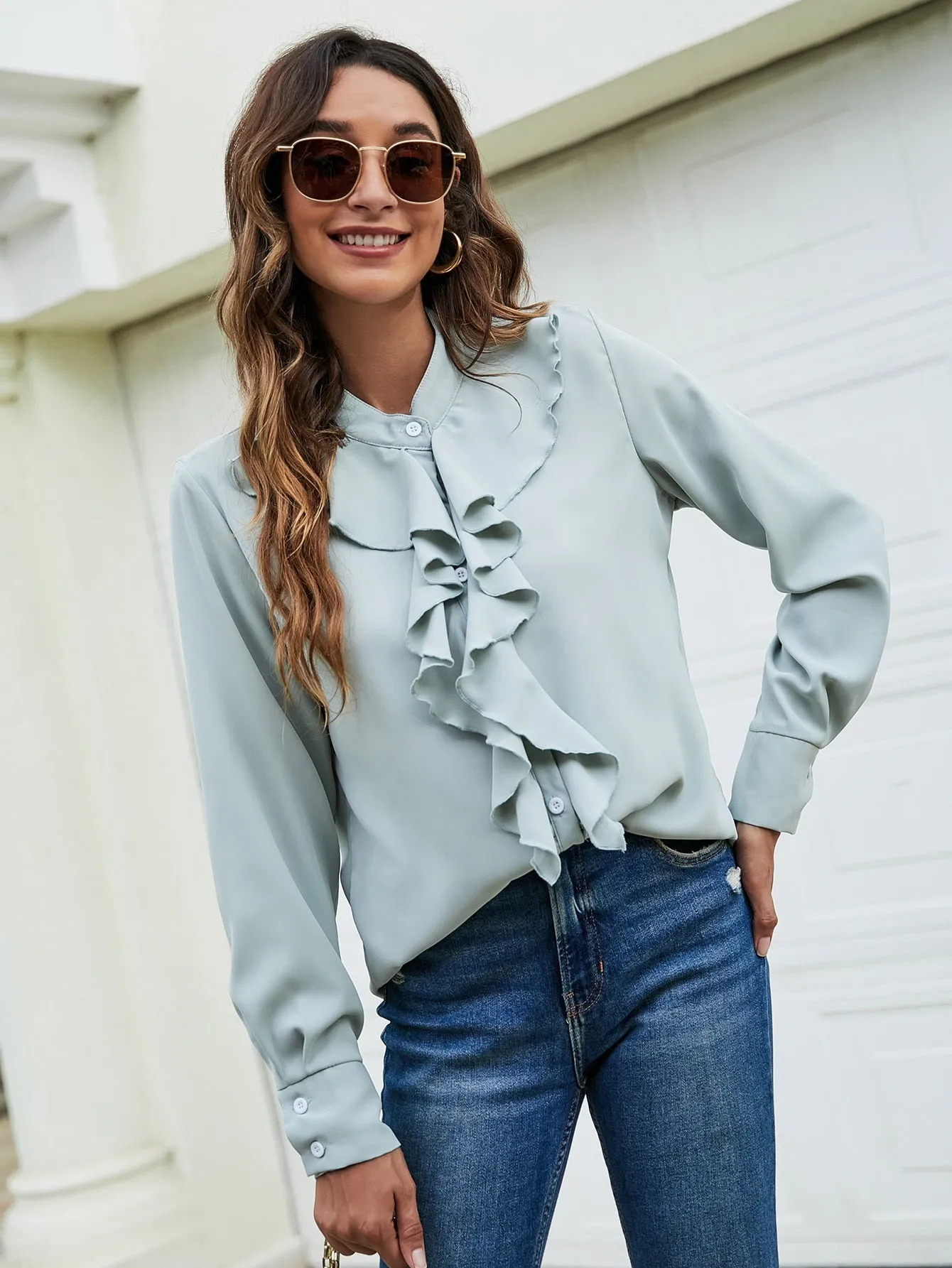 Cute Plain Button Front Long Sleeve Stand Collar Regular Blouse