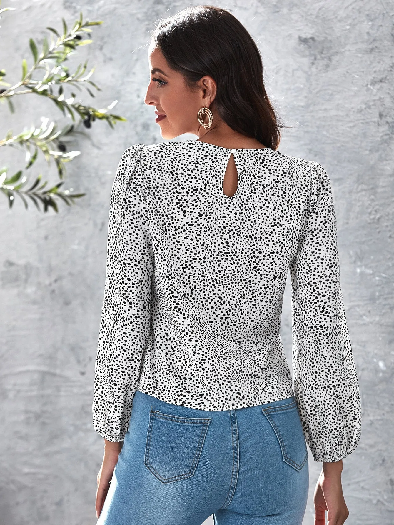 Dalmatian Print Lantern Sleeve Top