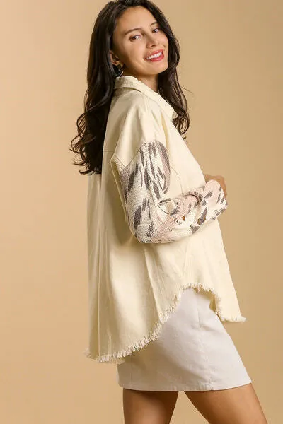 Distressed Detail Raw Hem Button Up Jacket