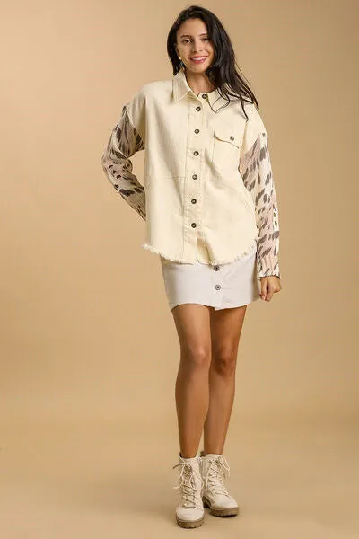 Distressed Detail Raw Hem Button Up Jacket