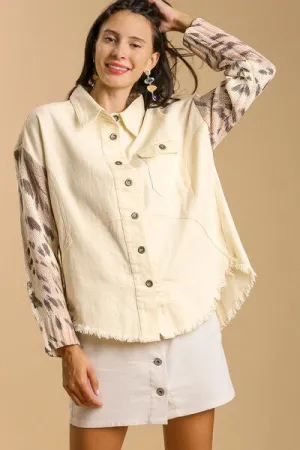 Distressed Detail Raw Hem Button Up Jacket