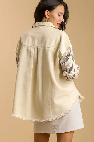 Distressed Detail Raw Hem Button Up Jacket