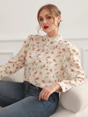 Ditsy Floral Button Front Long Sleeve Stand Collar Semi-Sheer Long Plus Size Blouse