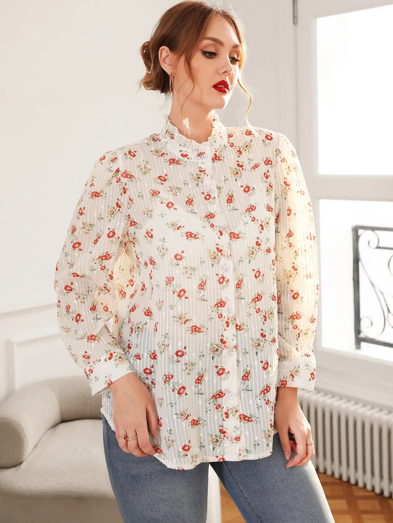Ditsy Floral Button Front Long Sleeve Stand Collar Semi-Sheer Long Plus Size Blouse