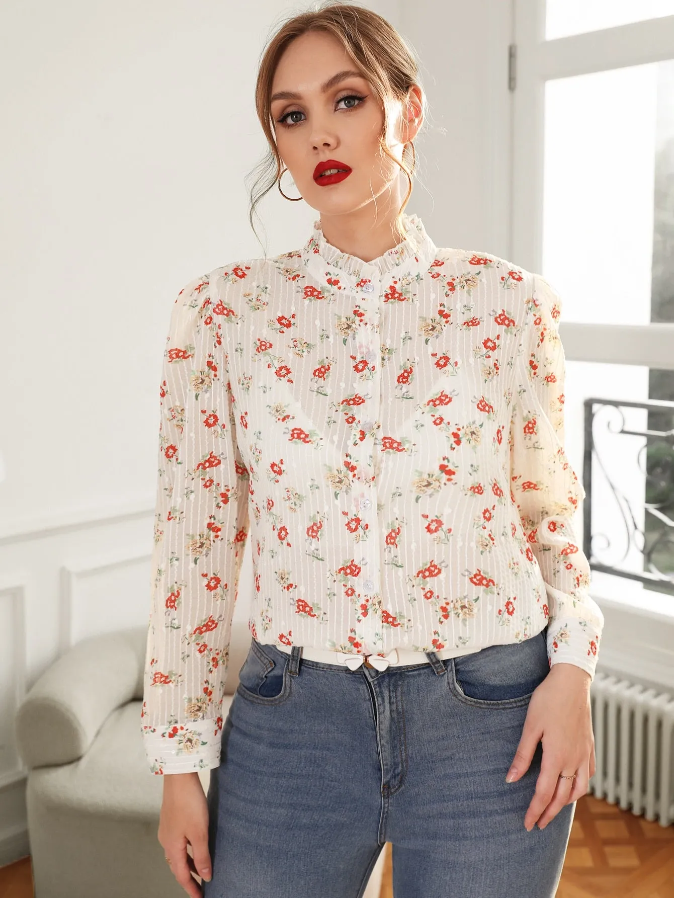 Ditsy Floral Button Front Long Sleeve Stand Collar Semi-Sheer Long Plus Size Blouse