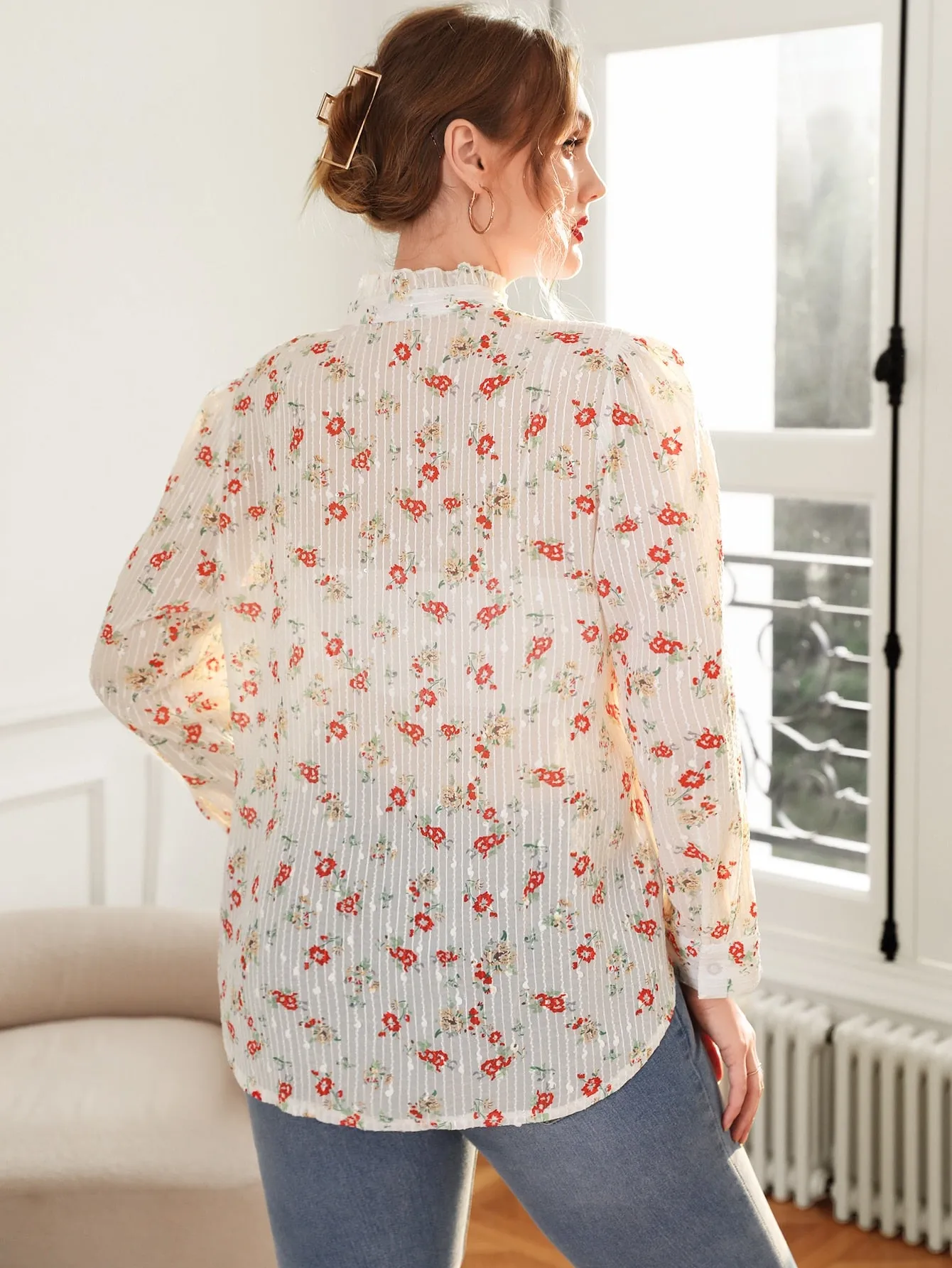Ditsy Floral Button Front Long Sleeve Stand Collar Semi-Sheer Long Plus Size Blouse
