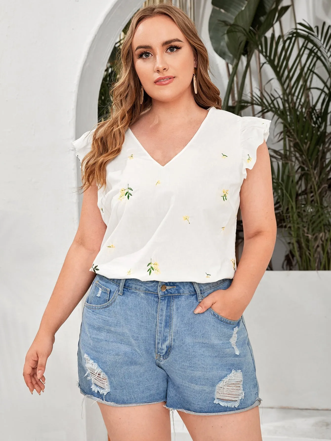 Ditsy Floral Ruffle Cap Sleeve V Neck Semi-Sheer Regular Plus Size Blouse