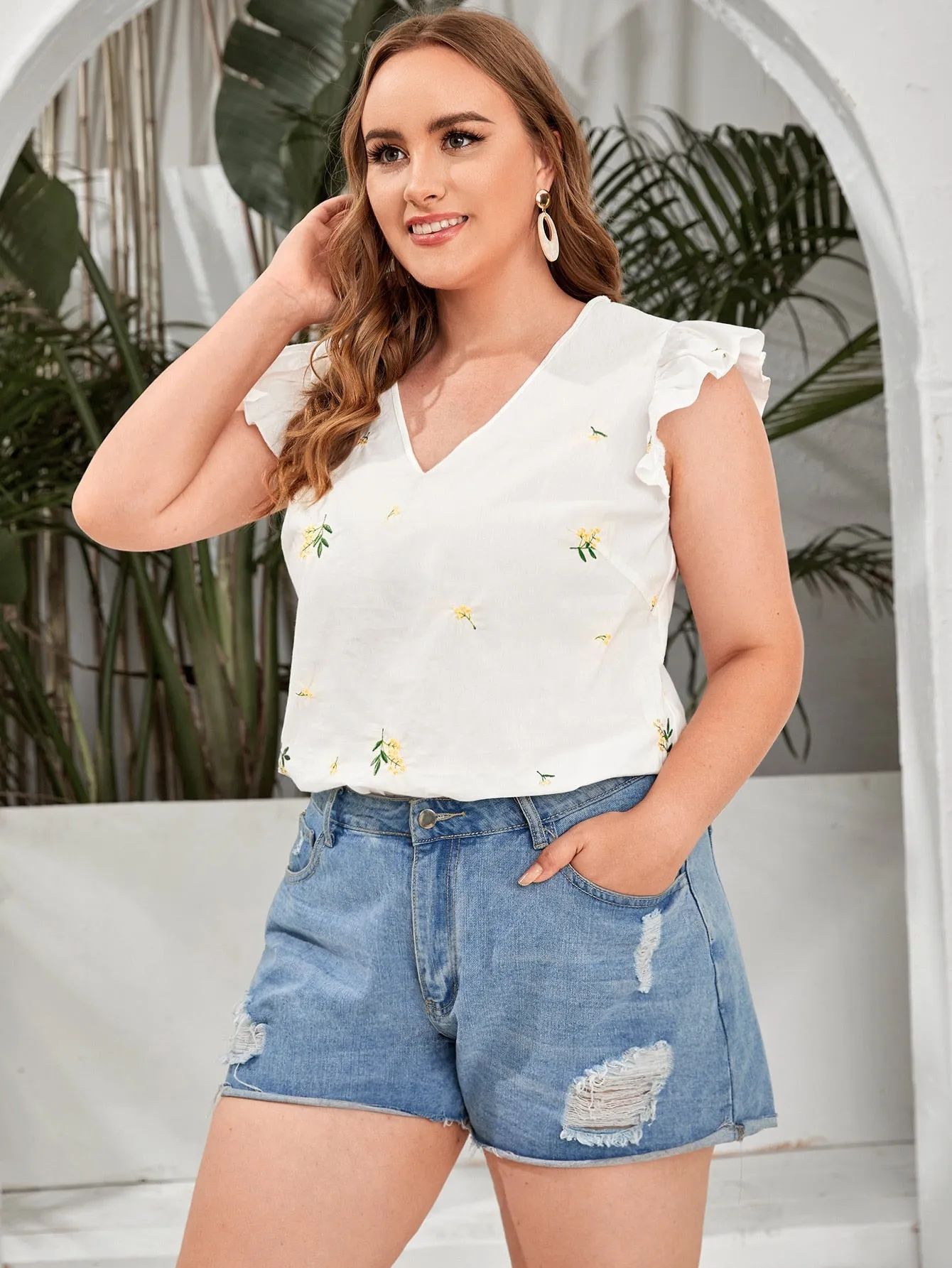 Ditsy Floral Ruffle Cap Sleeve V Neck Semi-Sheer Regular Plus Size Blouse