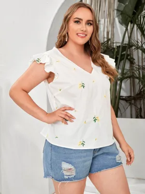 Ditsy Floral Ruffle Cap Sleeve V Neck Semi-Sheer Regular Plus Size Blouse