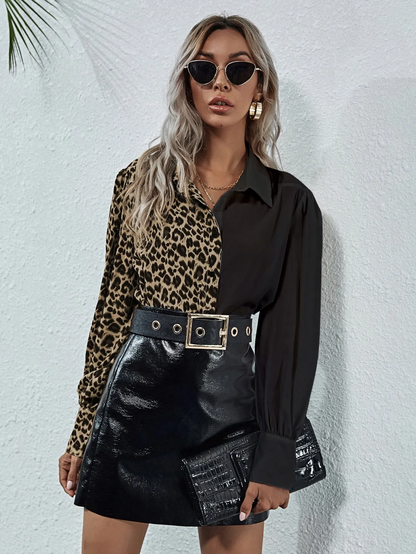 Elegant Leopard Button Long Sleeve Collar Regular Blouse