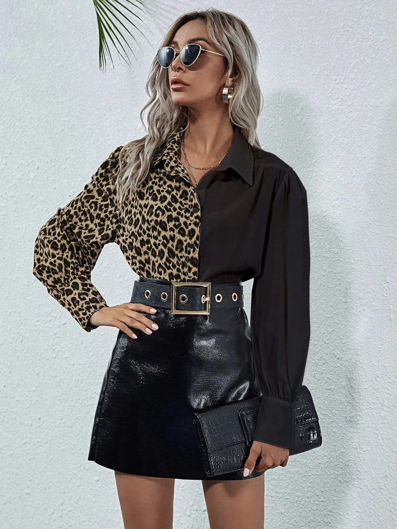 Elegant Leopard Button Long Sleeve Collar Regular Blouse
