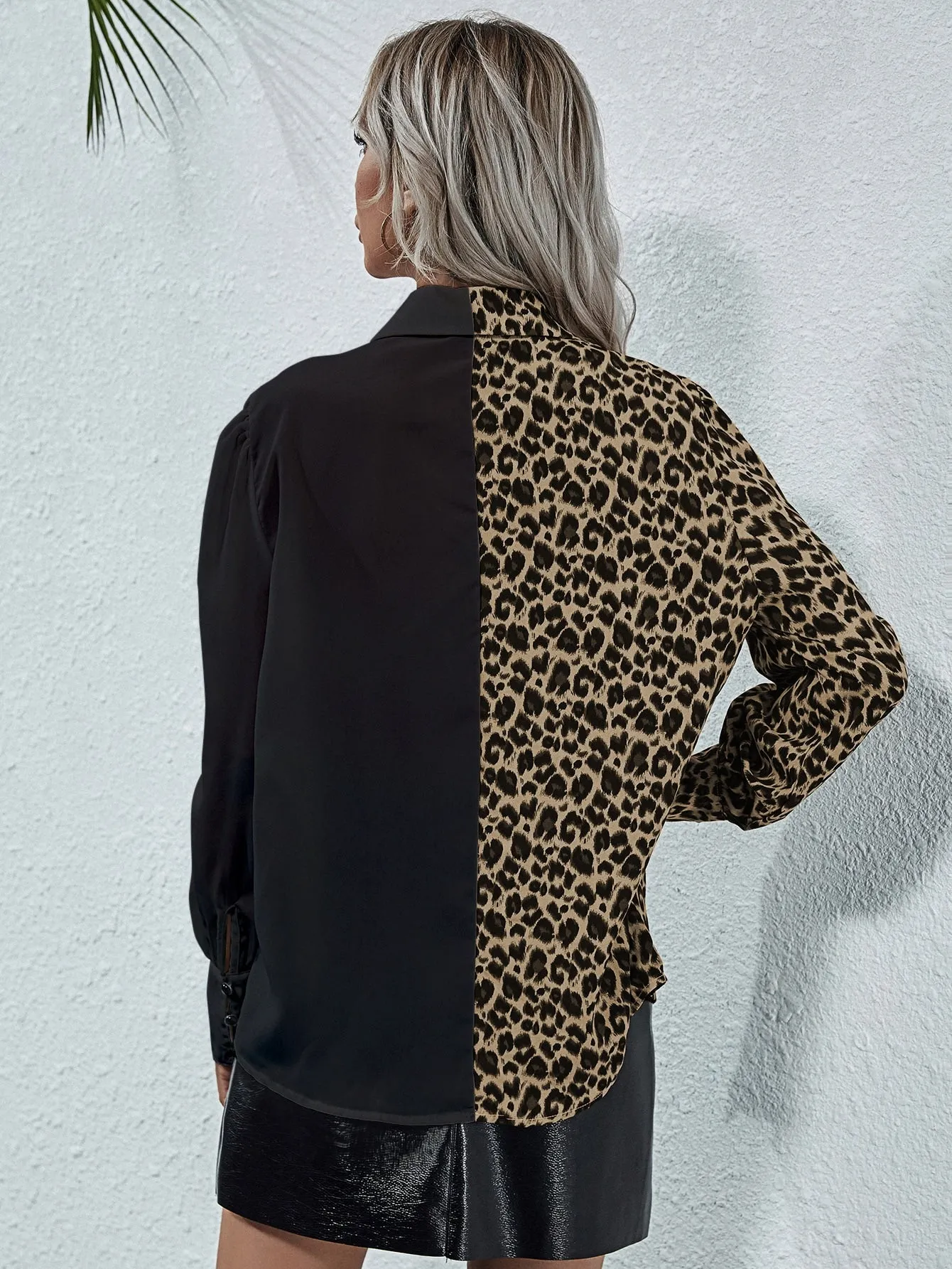Elegant Leopard Button Long Sleeve Collar Regular Blouse