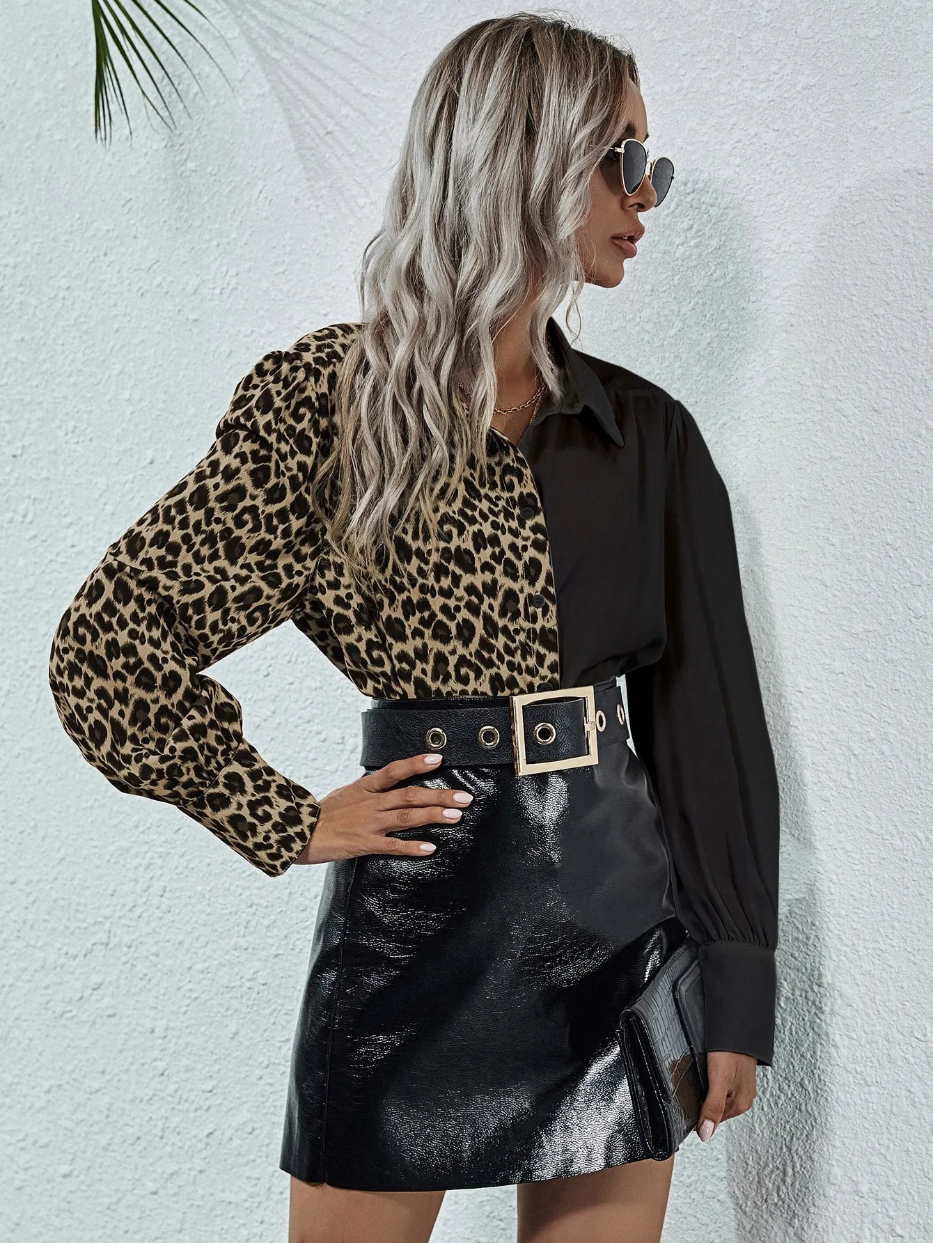 Elegant Leopard Button Long Sleeve Collar Regular Blouse