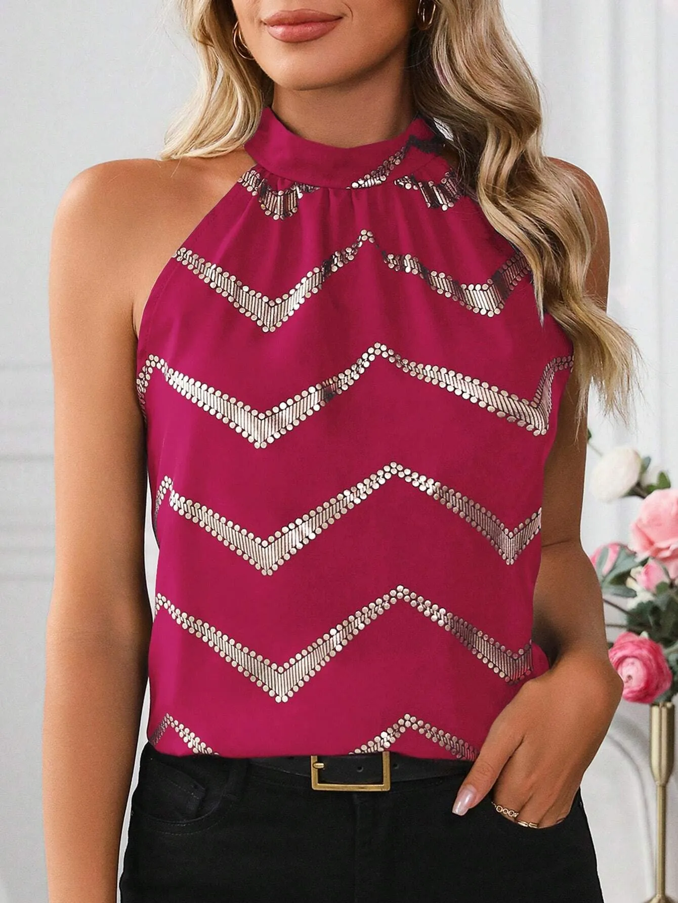 Essnce Ladies' Plaid Gold Foil Print Halter Neck Blouse