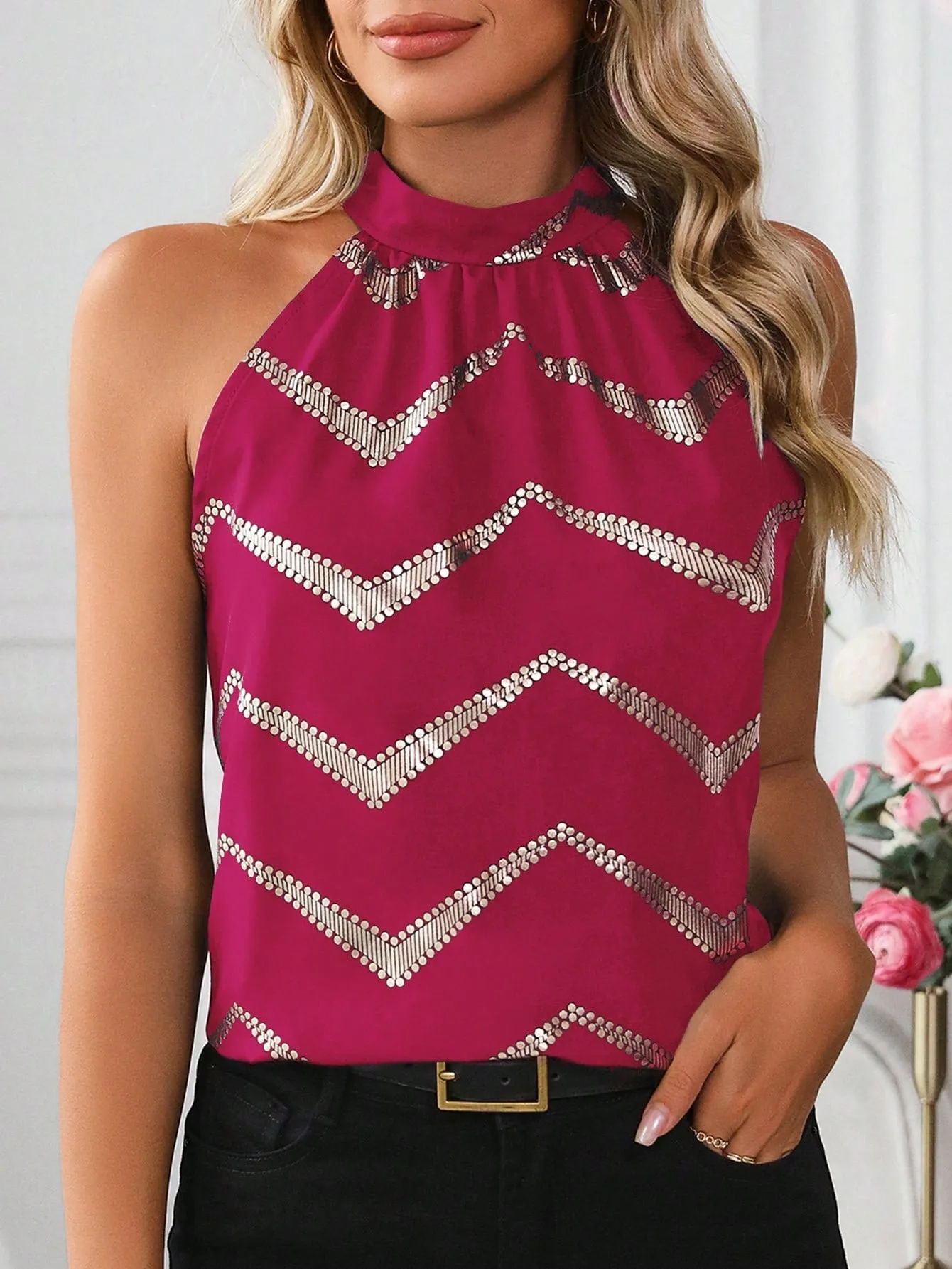 Essnce Ladies' Plaid Gold Foil Print Halter Neck Blouse