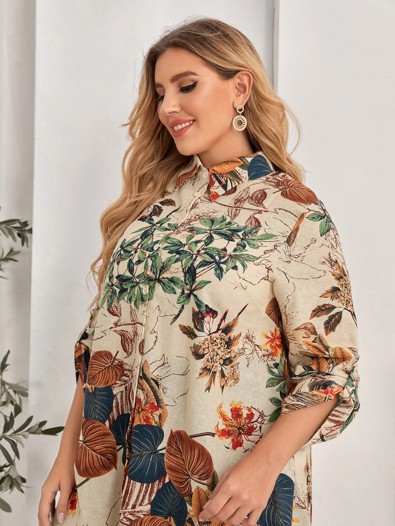 Floral Button Front Long Sleeve Collar Asymmetrical Long Plus Size Blouse