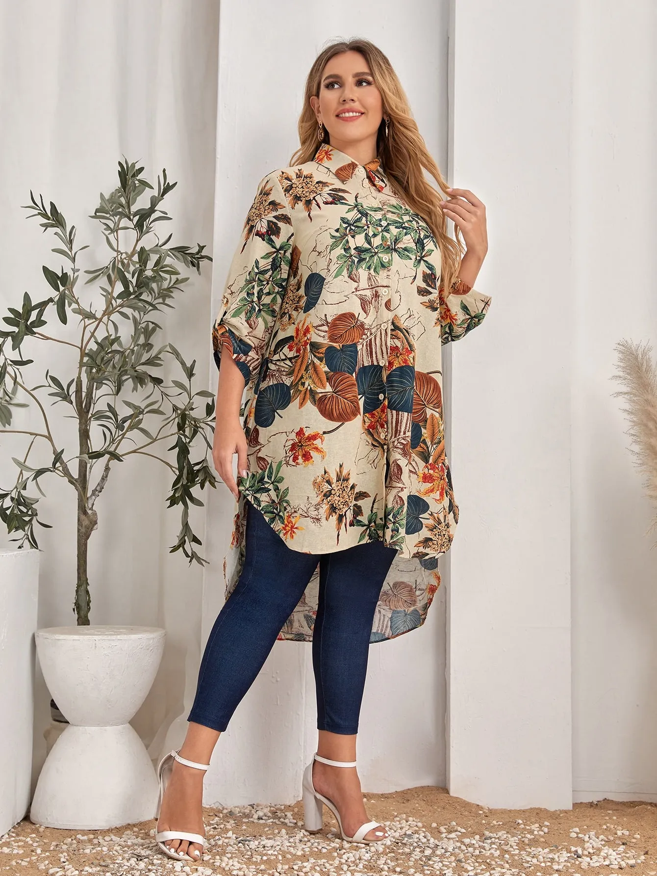 Floral Button Front Long Sleeve Collar Asymmetrical Long Plus Size Blouse